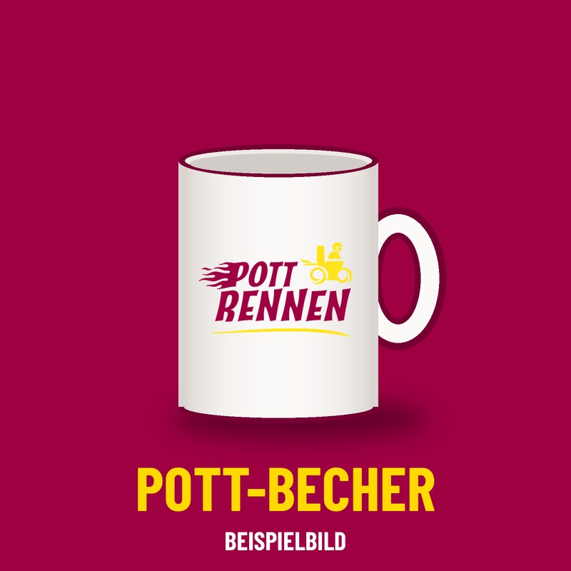Weißer Emaille-Becher mit rotem Rand und Pottrennen-Logo, Beispielbild